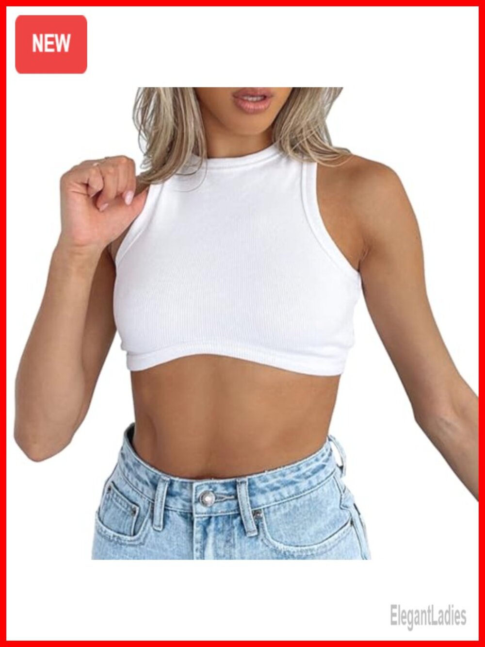 Ribbed Knit Sleeveless Crew Neck Crop Tank Top Fitted Summer Going Out